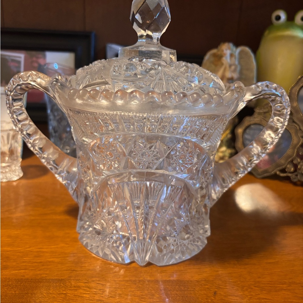 1908 Glass Wheat Sheaf EAPF Double Handle Biscuit Cracker Jar